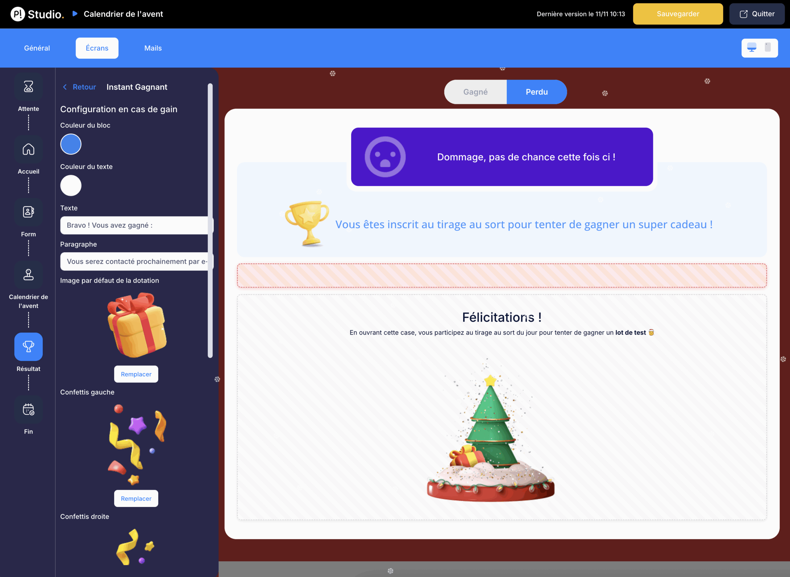 Result screen configuration